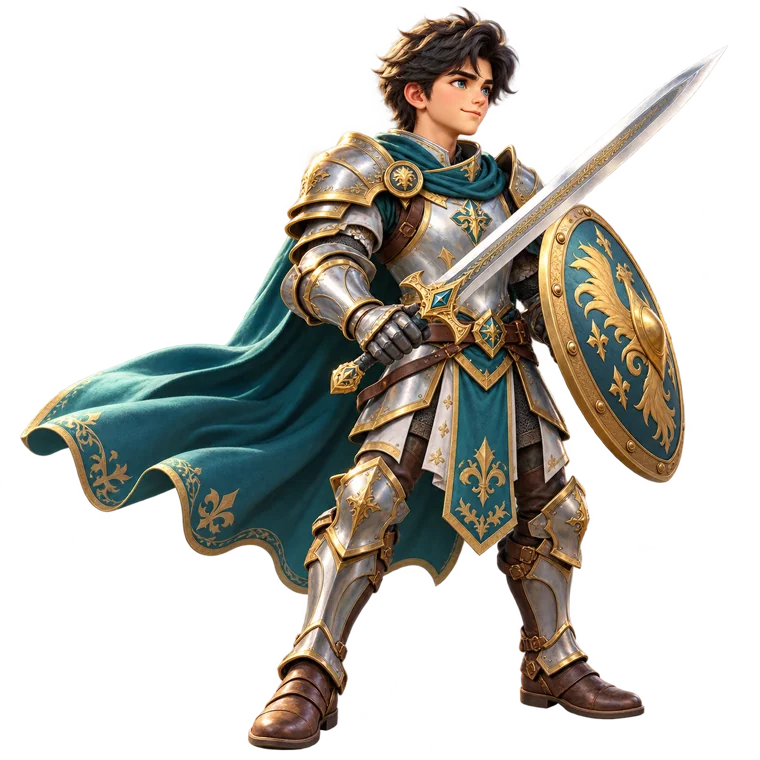 The Wayfarer, a knight in teal and silver armour
