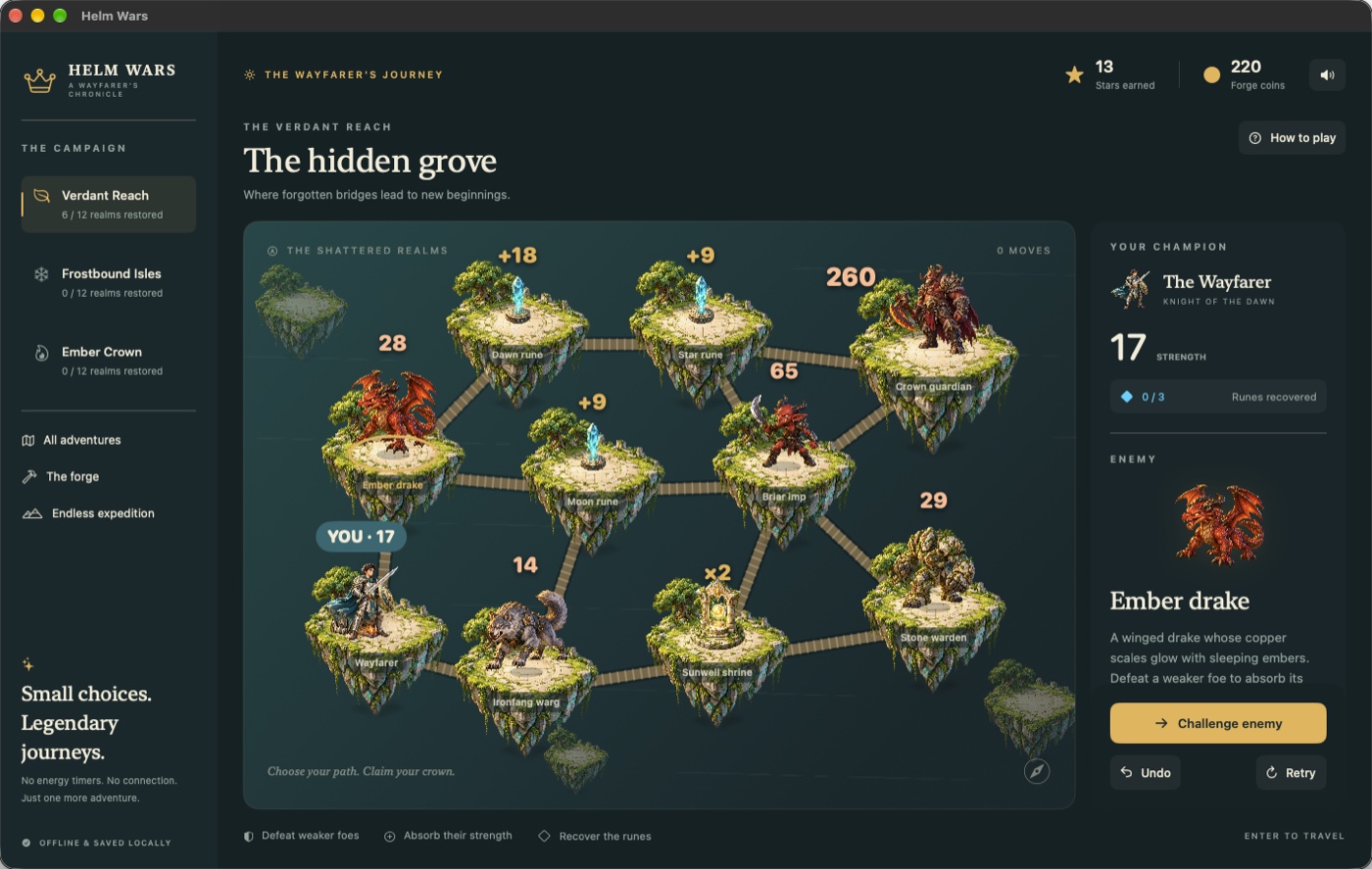 Helm Wars on Mac: the Hidden Grove map with branching bridges, numbered enemies, runes and a Sunwell shrine